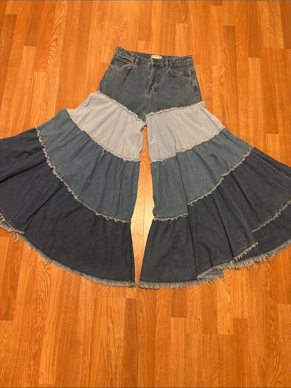 Free People-NWOT: “Dreamscape” Tiered Patchwork Wide-Leg Denim Bell Bottoms